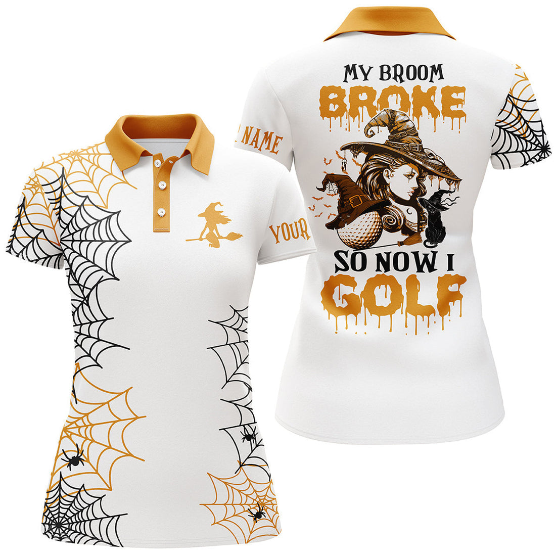 Custom Funny Orange Halloween Golf Shirt Custom Name Women Golf Polo Shirt - My Broom Broke So Now I Golf