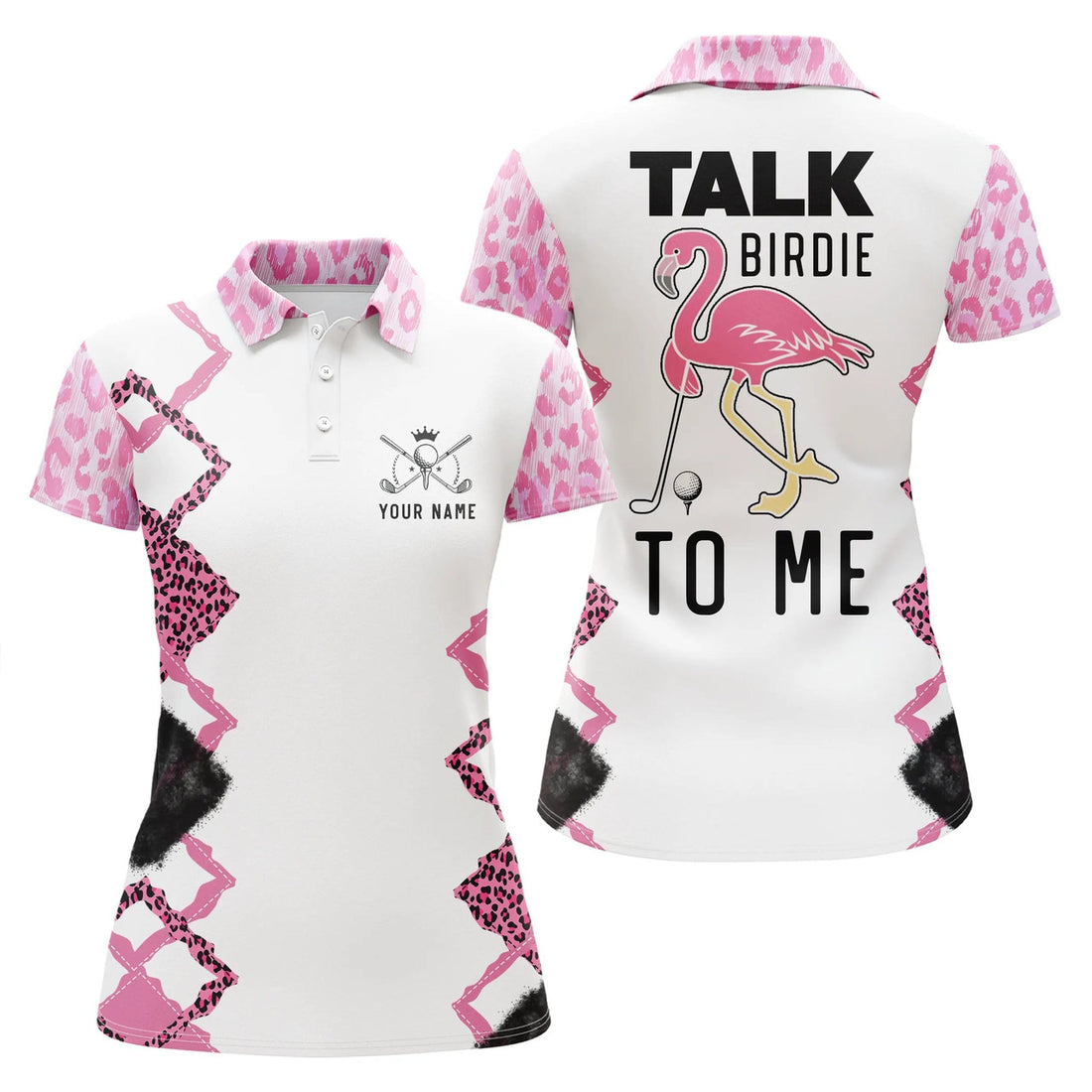 Custom Funny Pink Leopard Womens Golf Polo Shirt Talk Birdie To Me Custom Name Pink Flamingo Golf Shirts, Best Gift For Women