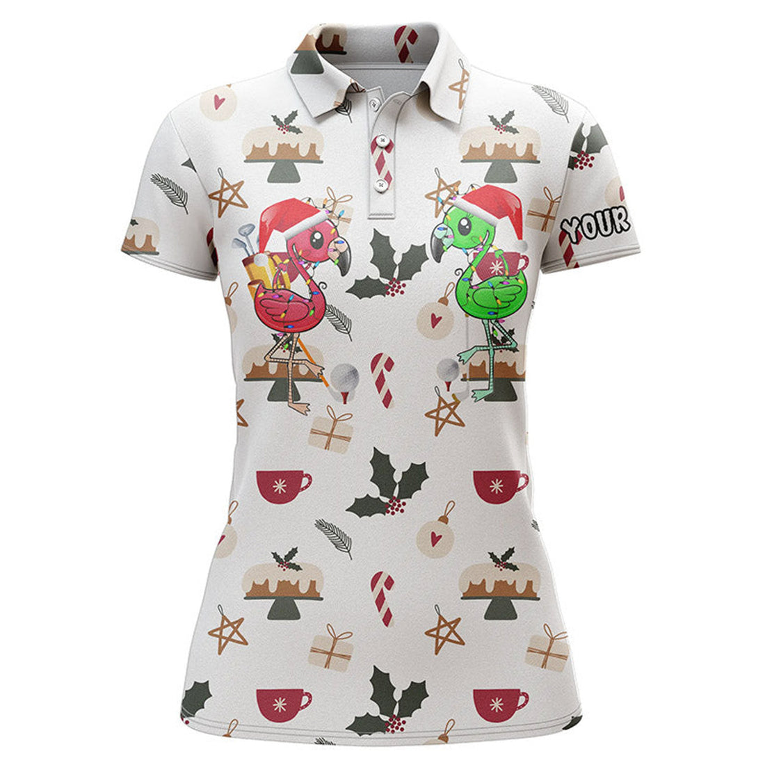 Custom Funny Women Golf Polo Shirt Christmas Background Custom Name Flamingo Golf Friends Christmas Golf Gift, Perfect Gift For Women
