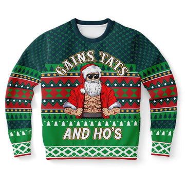 FUNSTUFFPRINT Gains Tats And Ho's Tattoo Gym Ugly Christmas Sweater, Christmas Sweater, Ugly Sweater, Funny Xmas Sweaters Ugly Sweater
