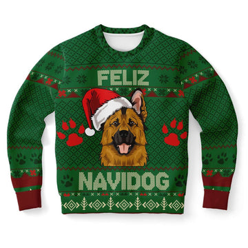 FUNSTUFFPRINT German Shepherd Feliz Navidog Ugly Christmas Sweater, Christmas Sweater, Ugly Sweater, Funny Xmas Sweaters Ugly Sweater