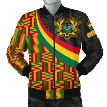 FUNSTUFFPRINT Ghana Men's Bomber Jacket - Ghana Coat Of Arms and Kente Patterns - Bomber Jacket