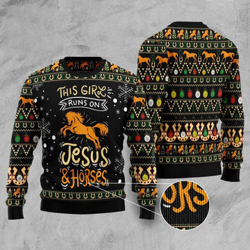 FUNSTUFFPRINT Girls Run On Jesus And Horses Ugly Christmas Sweater, Christmas Sweater, Ugly Sweater, Funny Xmas Sweaters Ugly Sweater