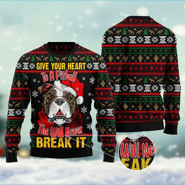 FUNSTUFFPRINT Give Your Heart Pitbull Ugly Christmas Sweater, Christmas Sweater, Ugly Sweater, Funny Xmas Sweaters Ugly Sweater