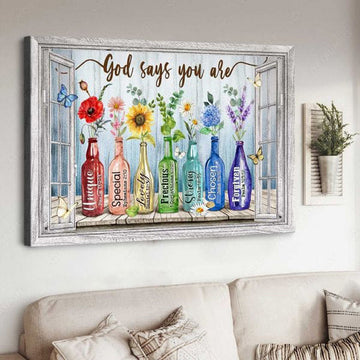 God Says You Are Unique Special Lovely Precious Chosen Forgiven, Butterfly Flower, Window Decor Poster and Canvas