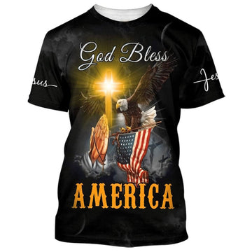 FUNSTUFFPRINT God Bless America Eagle Cross Christ Christian 3D T-shirt