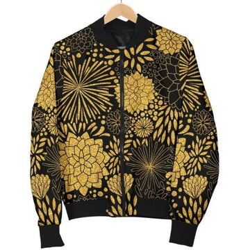 FUNSTUFFPRINT Gold Glitter Floral Pattern Print Women Casual Bomber Jacket