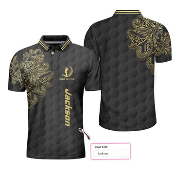 Custom Golden Hole In One Black Golf Texture Custom Polo Shirt, Personalized Golden Floral Paisley Golf Shirt For Men