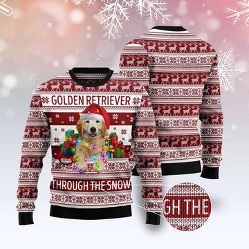 FUNSTUFFPRINT Golden Retriever Through The Snow Ugly Christmas Sweater, Christmas Sweater, Ugly Sweater, Funny Xmas Sweaters Ugly Sweater