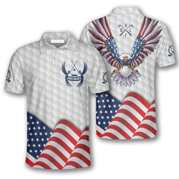 Custom Eagle Waving Flag White Version Custom Golf Polo Shirts for Men