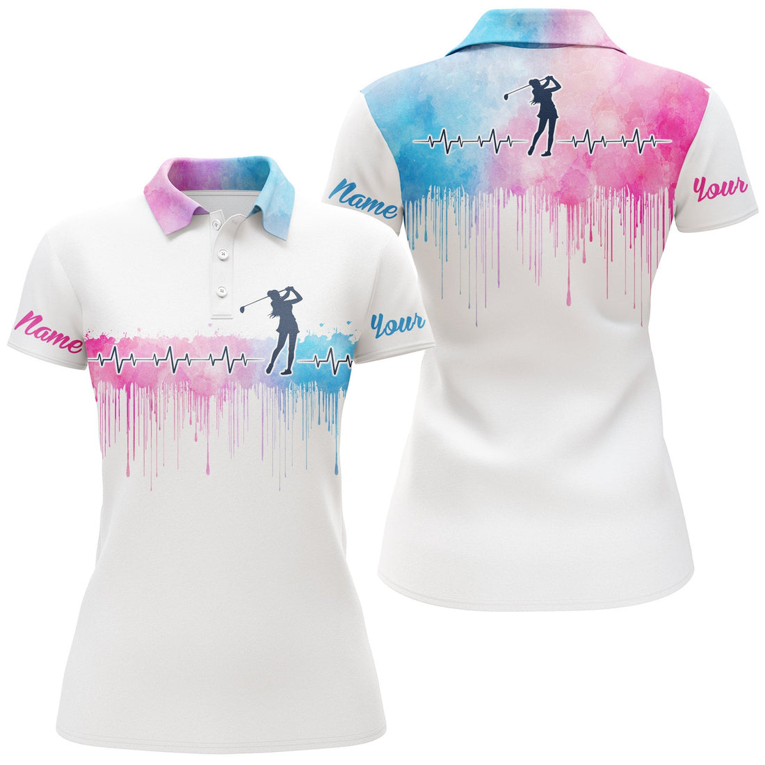 Custom Golf Heartbeat Golfer Pink Blue Watercolor Women Golf Polo Shirt Custom Name Gifts For Golf Lovers