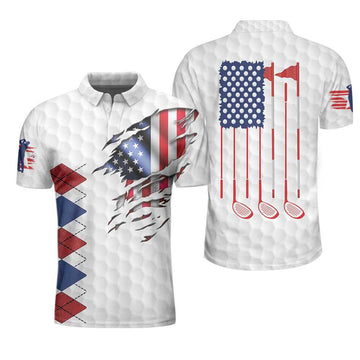 Golf American Flag Argyle Polo Shirt, White Golf Texture American Flag Polo Shirt, Patriotic Golf Shirt For Men