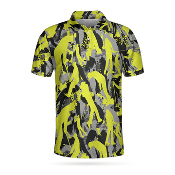 Golf Camo Light Green Pattern Golf Polo Shirt, Yellow Silhouette Golfing Polo Shirt, Camouflage Golf Shirt For Men