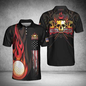 Golf Flame Skull Short Sleeve Golf Polo Shirt, Black American Flag Golf Shirt For Men, Cool Gift For Golfers