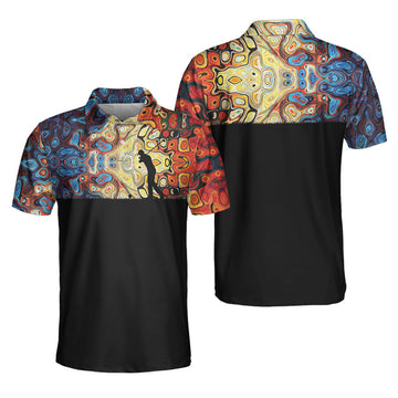 Golf Silhouette With Sky Wavy Abstract Seamless Pattern Polo Shirt, Black Golf Shirt For Men