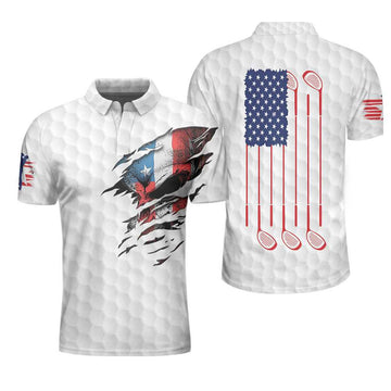 Golf Skull American Flag Short Sleeve Polo Shirt, White Golf Pattern Polo Shirt, Patriotic Golf Shirt For Men