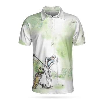 Golfer Painting Short Sleeve Men Polo Shirt, Green Tree Pattern Golfer Sketching Polo Shirt, Best Golf Shirt For Men, Best Gift For Golfers