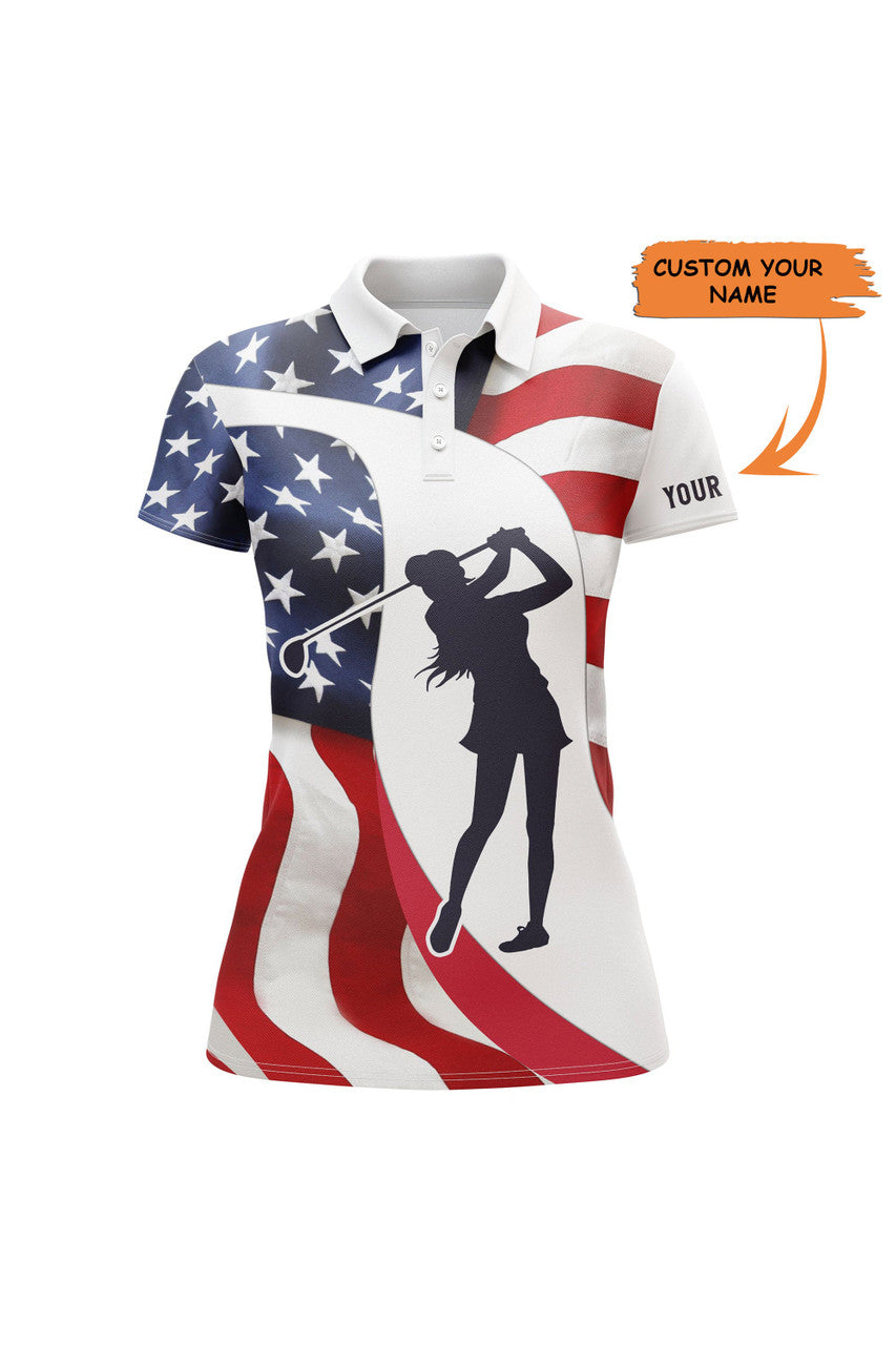 Custom Golf Polo Shirts For Women American Flag Patriotic 4th July Custom Name Golf Shirt, Golfer Gifts