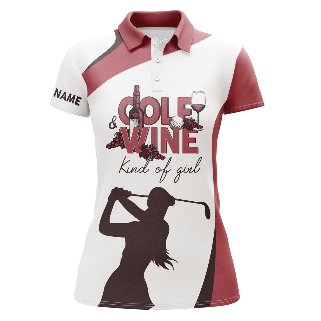 Custom Golf Polo Shirts For Women Golf & Wine Kind Of Girl Custom Name Red & White Golf Shirt For Wine Lovers