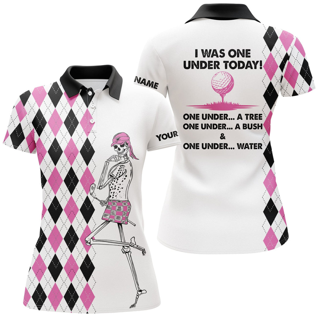 Custom Golf Skull Women Golf Polo Shirts Custom I Was One Under Today One Under A Tree, Bush And Water - Pink, Perfect Gift For Women