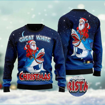 FUNSTUFFPRINT Great White Christmas Shark Ugly Christmas Sweater, Christmas Sweater, Ugly Sweater, Funny Xmas Sweaters Ugly Sweater