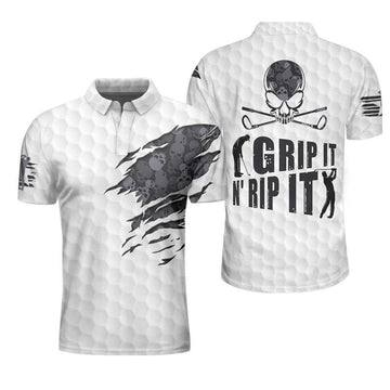 Grip It N' Rip It Golf Ball Texture Short Sleeve Polo Shirt, Ripped Skull Pattern Polo Shirt, Best Golf Shirt For Men