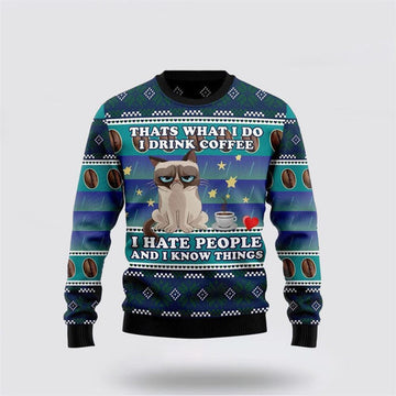 FUNSTUFFPRINT Grumpy Cat Coffee Funny Family Ugly Christmas Sweater For Men And Women, Best Gift For Christmas, Christmas Fashion Winter Ugly Sweater
