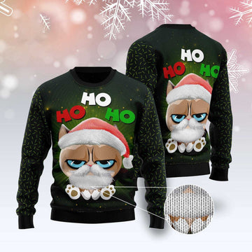 FUNSTUFFPRINT Grumpy Cat Hohoho Ugly Christmas Sweater, Christmas Cat Ugly Sweater, Ugly Cat Xmas Sweater Ugly Sweater
