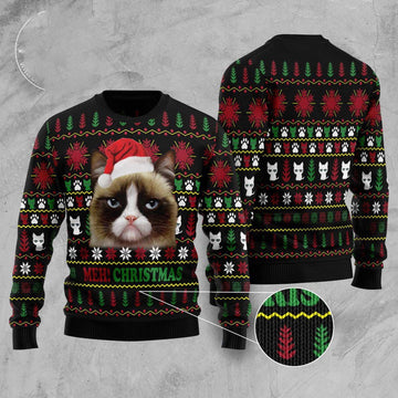 FUNSTUFFPRINT Grumpy Cat Meh! Ugly Christmas Sweater, Christmas Cat Ugly Sweater, Ugly Cat Xmas Sweater Ugly Sweater