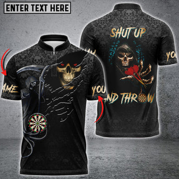 Custom Reaper Darts Personalized Name Zipper Polo Shirt, Shut Up and Throw 3D Dart Jersey Shirt