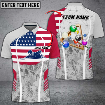 Custom Billiards Grunge White US Flag Personalized Name 3D Polo Shirt, Gift for Pooler
