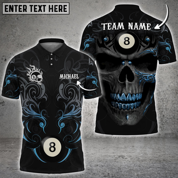 Custom Billiards Skull Tribal Pattern Personalized Name 3D Polo Shirt, Idea Gift for Billiards Lovers