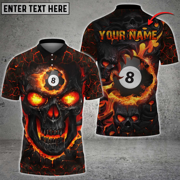 Personalized Name Team Billiards Ball 8 Skull Fire Polo Shirt, Billiard Skull Lover