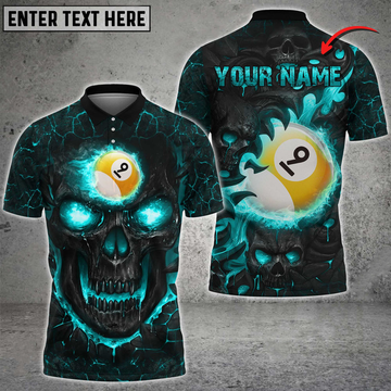 Personalized Name Team Billiards Ball 9 Skull Fire Polo Shirt, Billiard Skull Lover