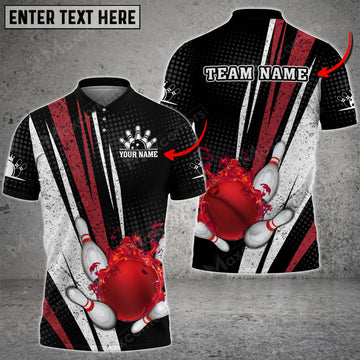 Custom Bowling Ball And Pins Flame Grunge Multicolor Option Customized Name, Team Name 3D Polo Shirt