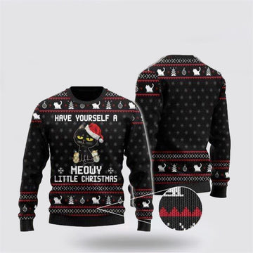 FUNSTUFFPRINT Have Yourself A Meowy Little Christmas Black Cat Ugly Christmas Sweater – Cat Lover Christmas Sweater Ugly Sweater