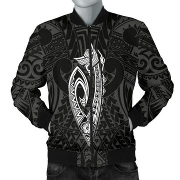 FUNSTUFFPRINT Hawaii Kakau Makau Fish Hook Kanaka Map Men's Bomber Jacket Polynesian - White - AH - Bomber Jacket