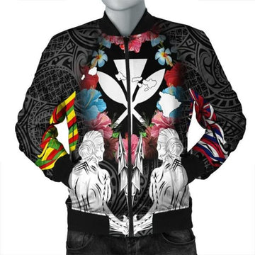 FUNSTUFFPRINT Hawaii Map Kanaka Two Men Holding Flag Bomber Jacket