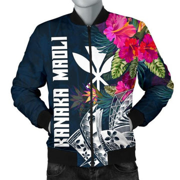 FUNSTUFFPRINT Hawaii Men's Bomber Jacket - Polynesian Hibiscus with Summer Vibes - Bomber Jacket