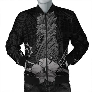 FUNSTUFFPRINT Hawaii Polynesian Pineapple Hibiscus Bomber Jacket - Gray - AH - R Bomber Jacket