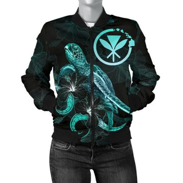 FUNSTUFFPRINT Hawaii Polynesian Women's Bomber Jacket - Turtle With Blooming Hibiscus Turquoise - Bomber Jacket