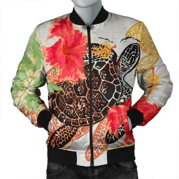 FUNSTUFFPRINT Hawaii Turtle Art Hibiscus Bomber Jacket - AH - R Bomber Jacket