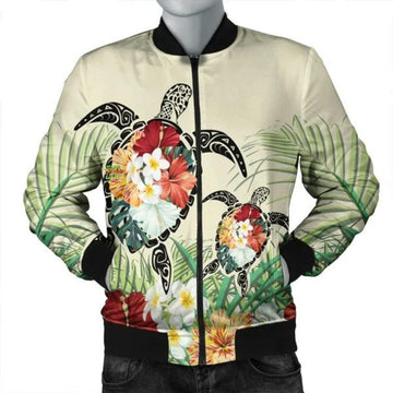 FUNSTUFFPRINT Hawaii Turtle Flowers Coconut Tree Leaf Bomber Jacket - AH - R Bomber Jacket