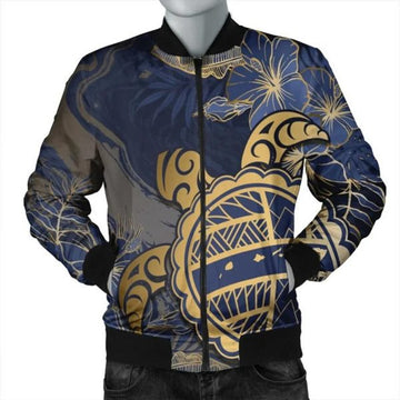 FUNSTUFFPRINT Hawaii Turtle Hibiscus Gold Bomber Jacket - Kyn Style - AH - R Bomber Jacket