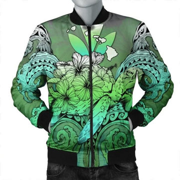 FUNSTUFFPRINT Hawaii Turtle Wave Polynesian Bomber Jacket - Hey Style Green - AH - R Bomber Jacket