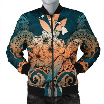 FUNSTUFFPRINT Hawaii Turtle Wave Polynesian Bomber Jacket - Hey Style Orange - AH - R Bomber Jacket