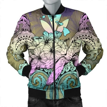 FUNSTUFFPRINT Hawaii Turtle Wave Polynesian Bomber Jacket - Hey Style Yellow - AH - R Bomber Jacket