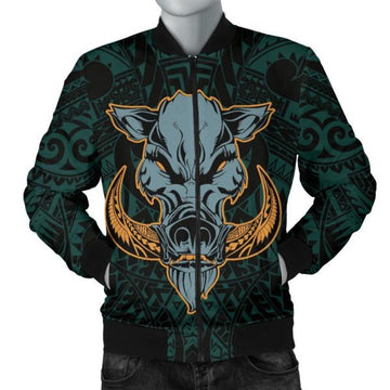 FUNSTUFFPRINT Hawaii Wild Boar Kamapua'a Men's Bomber Jacket - Turquoise - Hawaiian Mythology Style - AH - Bomber Jacket