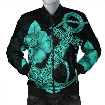 FUNSTUFFPRINT Hawaiian Anchor Poly Tribal Hibiscus Polynesian Bomber Jacket Turquoise - AH - JR Bomber Jacket
