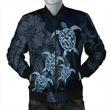 FUNSTUFFPRINT Hawaiian Hibiscus Plumeria Sea Turtle Polynesian Bomber Jacket - AH - JR